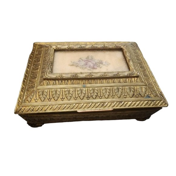 Antique Dore Bronze Footed Decorative Box with Needle Point Center (A2000) - Picture 3 of 12